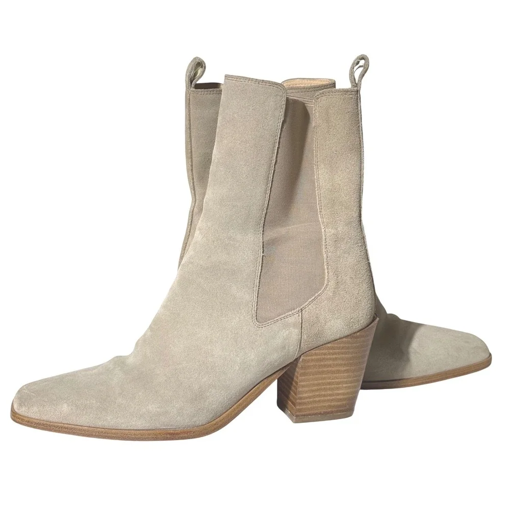 Thursday Boot Soho Taupe Suede Square Toe Chelsea Boots Sand 8 Stacked Heel